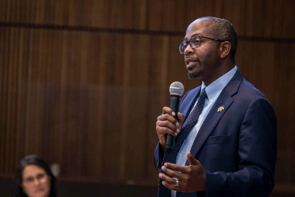 Oakland councilmember and mayoral candidate Loren Taylor speaks to the attendees during the Jewish Community Mayoral Candidate Forum at Temple Sinai in Oakland, Calif., on Thursday, September 15, 2022. The event was put on by the Jewish Community Relations Council, a Bay Area wide orgnanization.