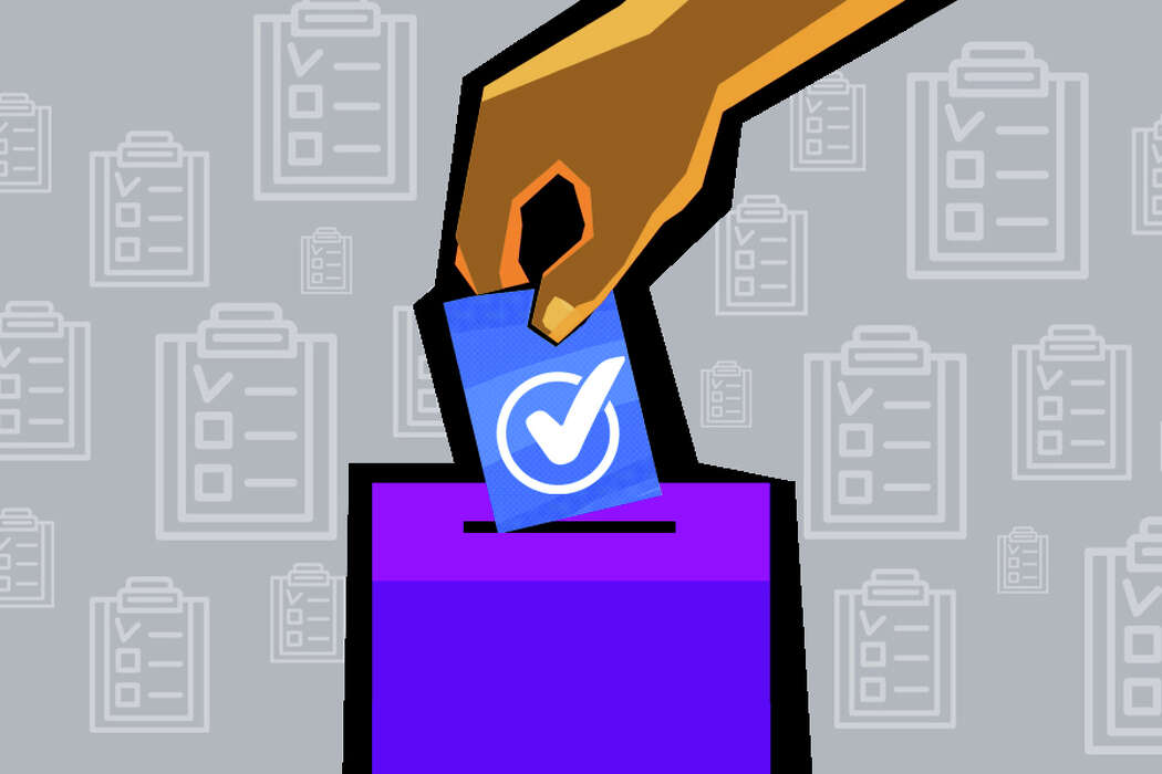 Illustration of a hand putting a checkmark paper into a ballot box